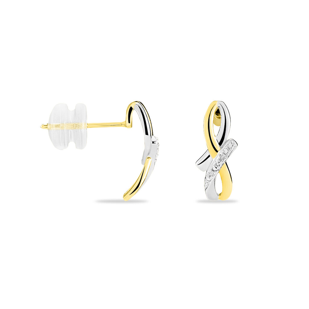 🦚 SOUKAYNA Damen Ohrstecker Gold Bicolor 375 (9 Karat) Diamant Weiß 0,01 ct Welle, Ohrstecker mit Stein