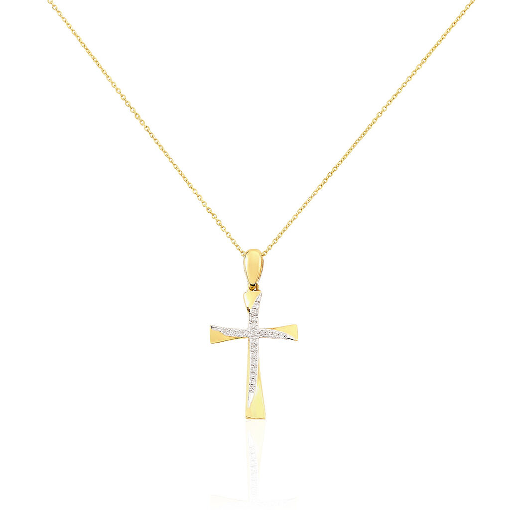 🦚 Kreuz HO 1 Damen Collier Gold 375 (9 Karat) Diamant Weiß 0,03 ct Religiöses Kreuz, Collier mit Stein