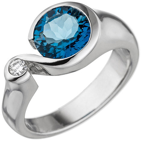 Damen Ring 585 Gold Weißgold 1 Blautopas hellblau blau 1 Diamant Brillant - 56