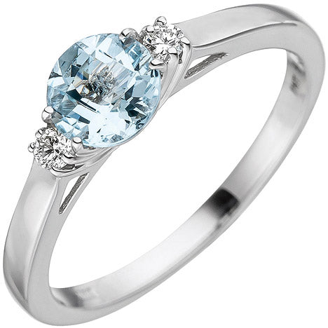 Damen Ring 585 Weißgold 1 Aquamarin hellblau blau 2 Diamanten Brillanten - 52