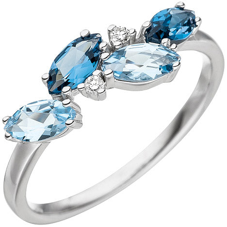 Damen Ring 585 Weißgold 4 Blautopase hellblau blau 2 Diamanten Brillanten - 60