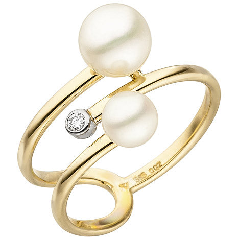Damen Ring 585 Gelbgold 2 Süßwasser Perlen 1 Diamant Brillant - 58