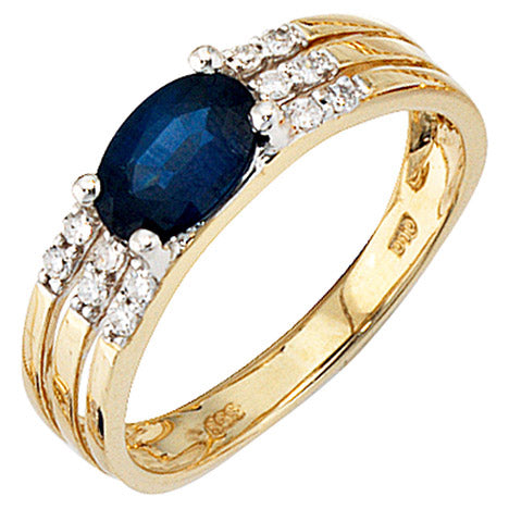 Damen Ring 585 Gold Gelbgold 1 blauer Safir 12 Diamanten Safirring Goldring - 58