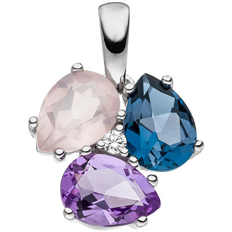 Anhänger 585 Weißgold mit 1 Diamant Brillant 1 Amethyst 1 Rosenquarz 1 Blautopas