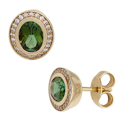 Ohrstecker oval 585 Gold Gelbgold 2 Turmaline grün 48 Diamanten Brillanten