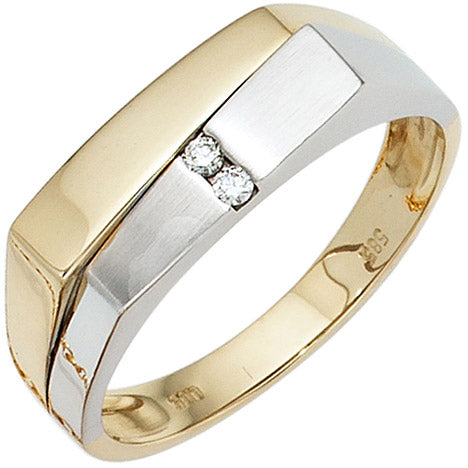 Herren Ring 585 Gold Gelbgold Weißgold mattiert 2 Diamanten Brillanten Goldring - 66