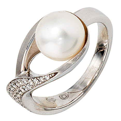 Damen Ring 585 Gold Weißgold mattiert 27 Diamanten Brillanten 1 Akoya Perle - 54