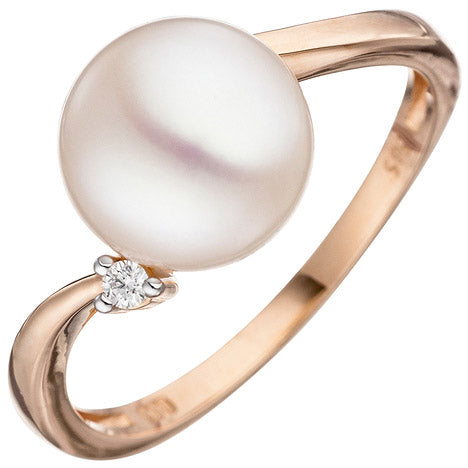 Damen Ring 585 Rotgold 1 Süßwasser Perle 1 Diamant Brillant Perlenring - 52