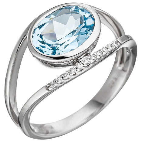Damen Ring 585 Weißgold 11 Diamanten Brillanten 1 Blautopas hellblau blau - 50