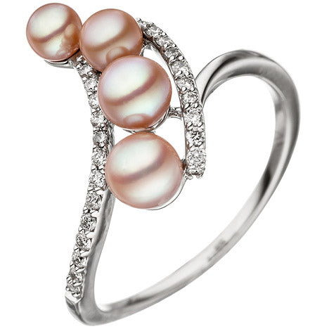 Damen Ring 585 Weißgold 4 Süßwasser Perlen rosa 24 Diamanten Brillanten - 54