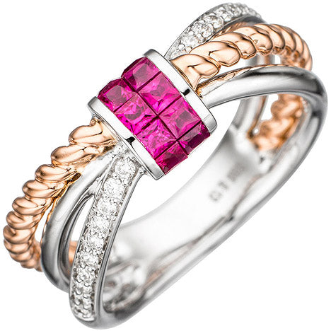 Damen Ring 585 Weißgold Rotgold bicolor 10 Rubine rot 20 Diamanten Brillanten - 54