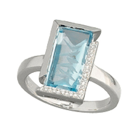 Damen Ring 585 Gold Weißgold 1 Edeltopas helllbau blau 11 Diamanten Brillanten - 56