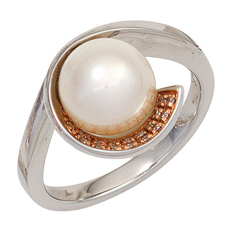 Damen Ring 585 Gold Weißgold 1 Süßwasser Perle 17 Diamanten Brillanten Goldring - 56