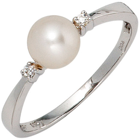 Damen Ring 585 Gold Weißgold 1 Süßwasser Perle 2 Diamanten Brillanten Perlenring - 60