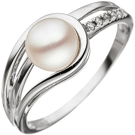Damen Ring 585 Gold Weißgold 1 Süßwasser Perle 5 Diamanten Brillanten Goldring - 50
