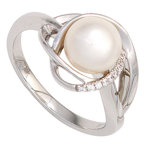 Damen Ring 585 Gold Weißgold 1 Süßwasser Perle 9 Diamanten Brillanten Goldring - 50