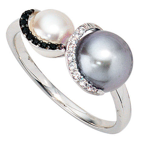 Damen Ring 585 Gold Weißgold 2 Süßwasser Perlen 17 Diamanten Brillanten Goldring - 60