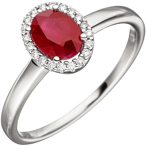 Damen Ring 585 Gold Weißgold 20 Diamanten Brillanten 1 Rubin rot Rubinring - 56