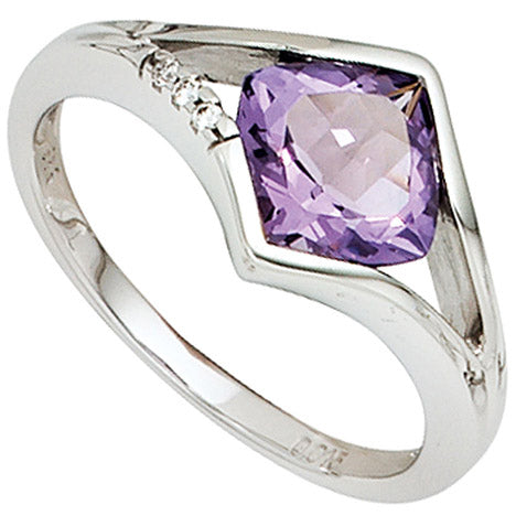 Damen Ring 585 Gold Weißgold 3 Diamanten Brillanten 1 Amethyst lila violett - 54