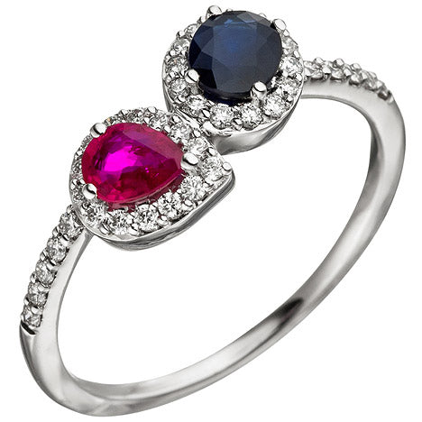 Damen Ring 585 Gold Weißgold 38 Diamanten Brillanten 1 Rubin rot 1 Safir blau - 60