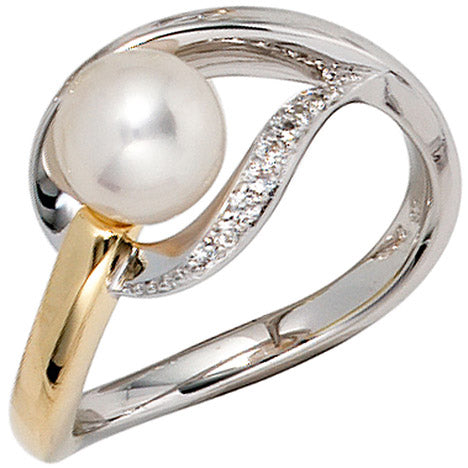 Damen Ring 585 Gold Weißgold Gelbgold bicolor 1 Süßwasser Perle 9 Diamanten - 52