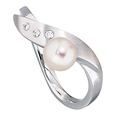 Damen Ring 585 Gold Weißgold mattiert 1 Akoya Perle 3 Diamanten Brillanten - 60