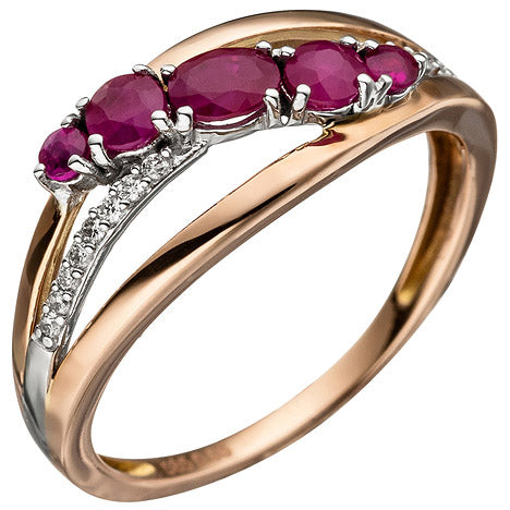Damen Ring 585 Gold Rotgold 5 Rubine rot 16 Diamanten Brillanten Rubinring - 58