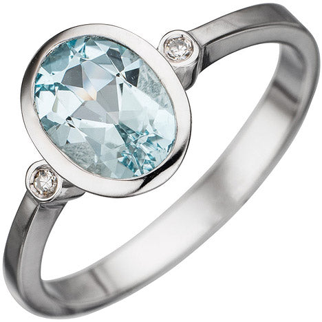 Damen Ring 585 Gold Weißgold 1 Aquamarin hellblau blau 2 Diamanten Goldring - 60