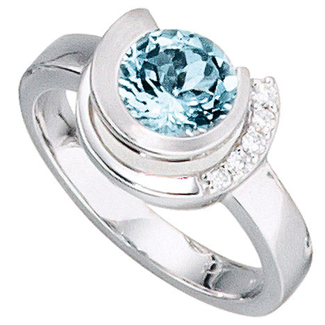 Damen Ring 585 Gold Weißgold 1 Aquamarin hellblau blau 5 Diamanten Brillanten - 60