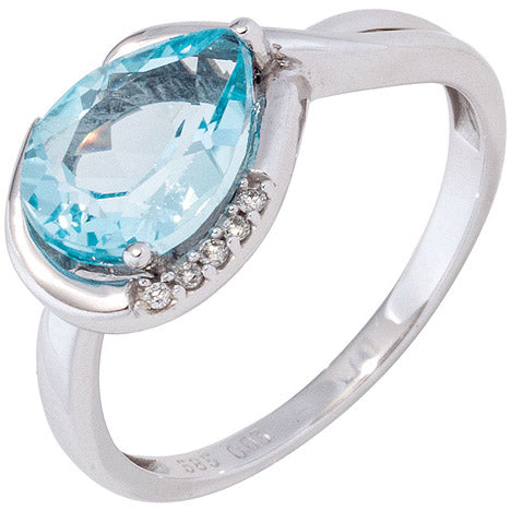 Damen Ring 585 Gold Weißgold 1 Blautopas hellblau blau 5 Diamanten Brillanten - 50