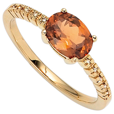 Damen Ring 585 Gold Gelbgold 1 Mandarin Granat orange 10 Diamanten Goldring - 56