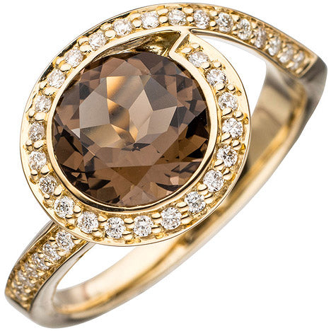 Damen Ring 585 Gold Gelbgold 1 Rauchquarz braun 36 Diamanten Brillanten Goldring - 52