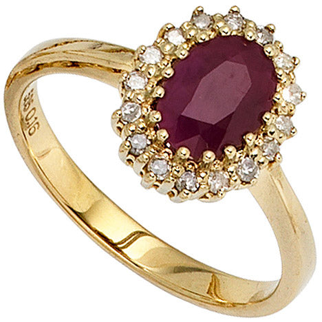 Damen Ring 585 Gold Gelbgold 1 Rubin rot 16 Diamanten 0 16ct. Goldring - 60