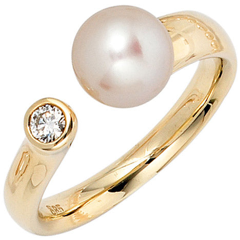 Damen Ring 585 Gold Gelbgold 1 Süßwasser Perle 1 Diamant Brillant Perlenring - 52