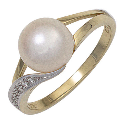 Damen Ring 585 Gold Gelbgold 1 Süßwasser Perle 6 Diamanten Brillanten Perlenring - 50
