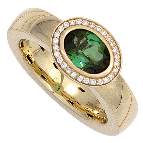 Damen Ring 585 Gold Gelbgold 1 Turmalin grün 28 Diamanten Brillanten Goldring - 56