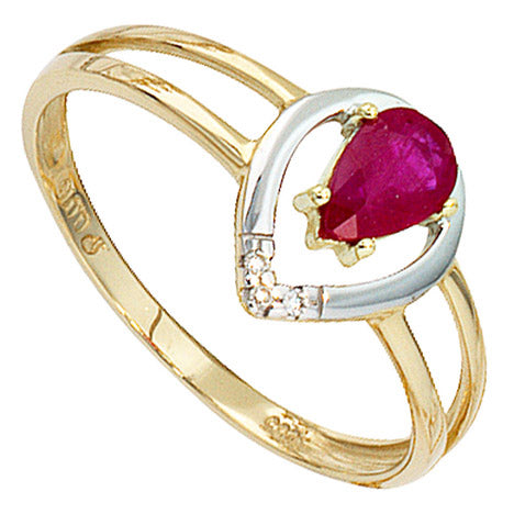 Damen Ring 585 Gold Gelbgold bicolor 1 Rubin rot 3 Diamanten Brillanten Goldring - 50