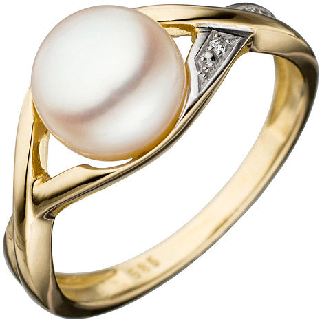 Damen Ring 585 Gold Gelbgold bicolor 1 Süßwasser Perle Goldring Perlenring - 58