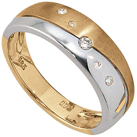 Damen Ring 585 Gold Gelbgold Weißgold bicolor matt 5 Diamanten Brillanten - 56