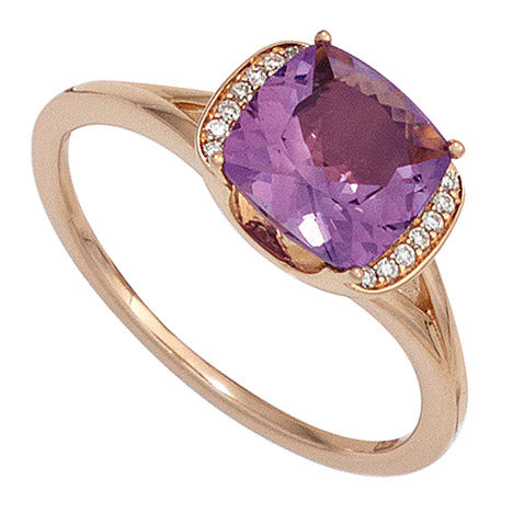Damen Ring 585 Gold Rotgold 1 Amethyst lila violett 14 Diamanten Brillanten - 52