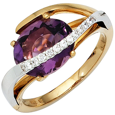 Damen Ring 585 Gold bicolor 11 Diamanten Brillanten 1 Amethyst lila violett - 50