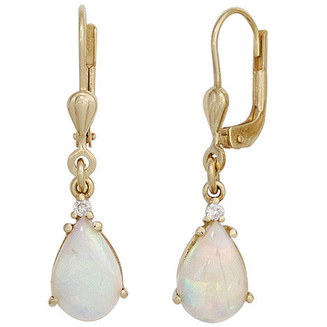 Boutons Tropfen 585 Gold Gelbgold 2 Opale 2 Diamanten Ohrringe Ohrhänger