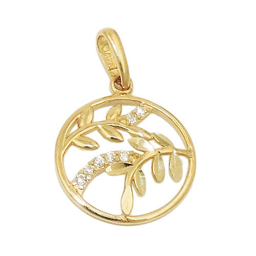 Anhänger rund mit Zweig Blatt Zirkonia Gold 375