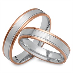 🦚 Trauringe 333er Rot- Weissgold mit Diamant